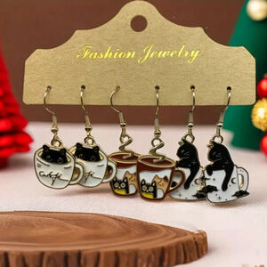 Nwt 3 Pairs of Enamel Coffee Cup Black Cat Design Dangle Earrings